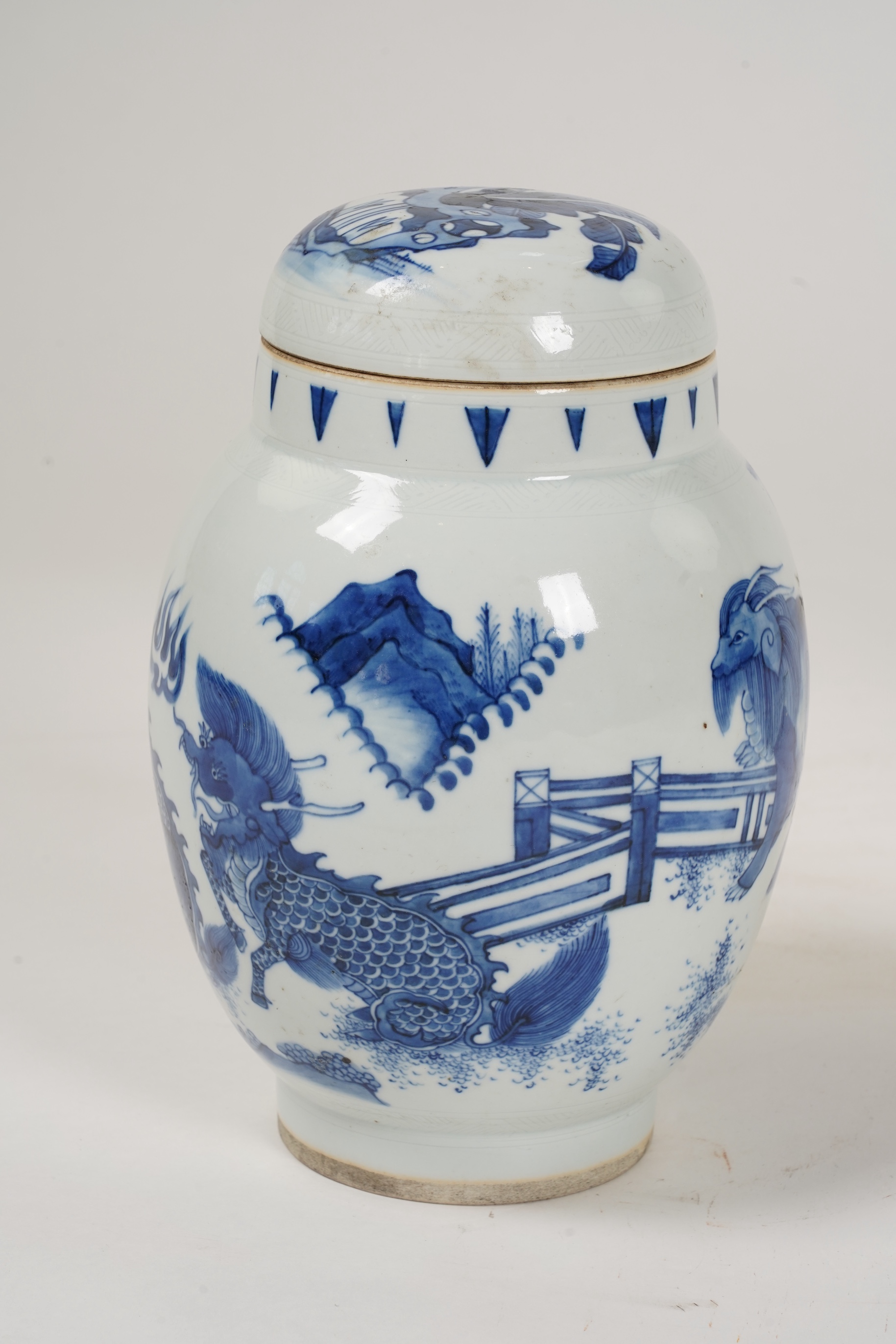 A Chinese blue and white ‘mythical beasts’ jar and cover, possibly Chongzhen period (1627-1644)